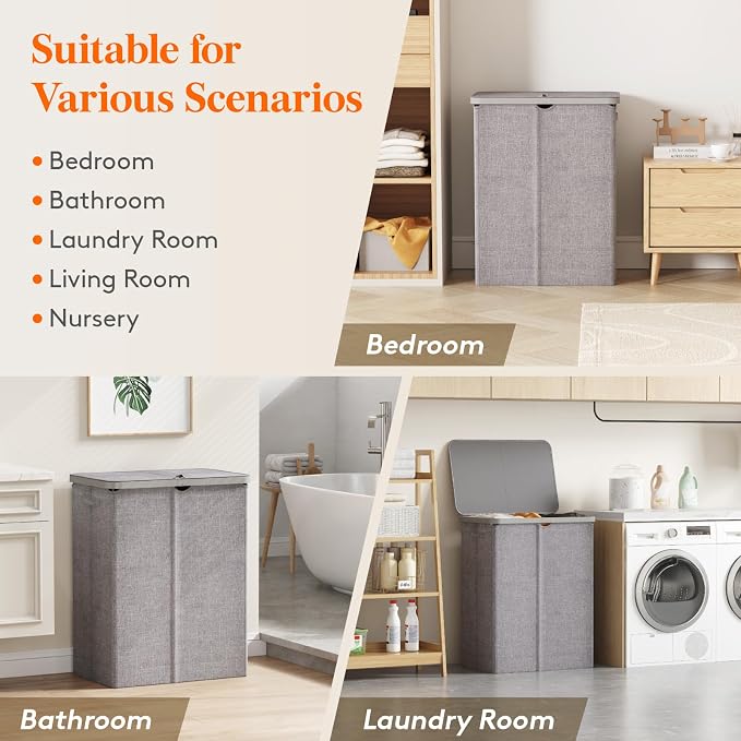 Lifewit 165L Large Laundry Basket with Lid, Laundry Hamper with Plastic Handles and Removable Bag, Foldable Tall Dirty Clothes Hampers for Laundry for Laundry Room, Bedroom, Bathroom, Dorm, Light Gray - Image 9