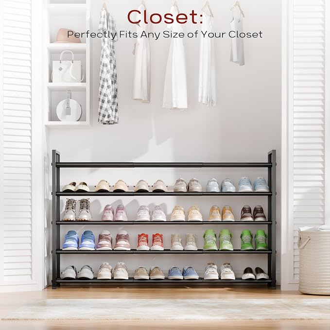Bumusty 5-Tier Long Expandable Shoe Rack for Closet, 18"-44" Adjustable Shoe Rack for Entryway, 25-30 Pairs Large Shoe Organizer Shelf Storage, Sturdy Metal, Black - Image 6