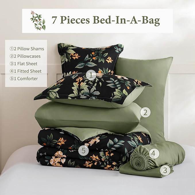 Cottolester Black Comforter Set King Size,7-Piece Black Comforter Bed in A Bag,Botanical Comforter Set with Pillowcases,Soft Microfiber Complete Bedding Sets for All Season