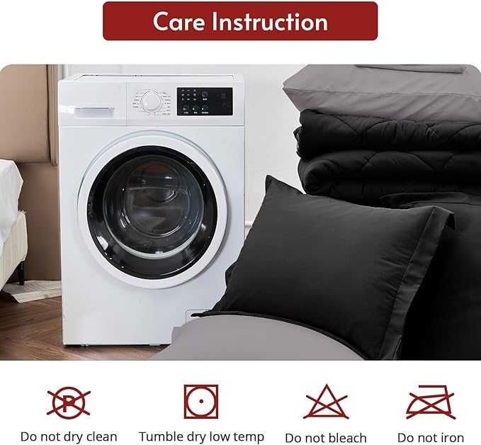 MUXHOMO 5 Pieces Twin Comforter Set, Reversible Bed in a Bag Twin Size, All Season Bedding Set with Comforter, Flat Sheet, Fitted Sheet, Pillowcases & Shams, Black & Soot