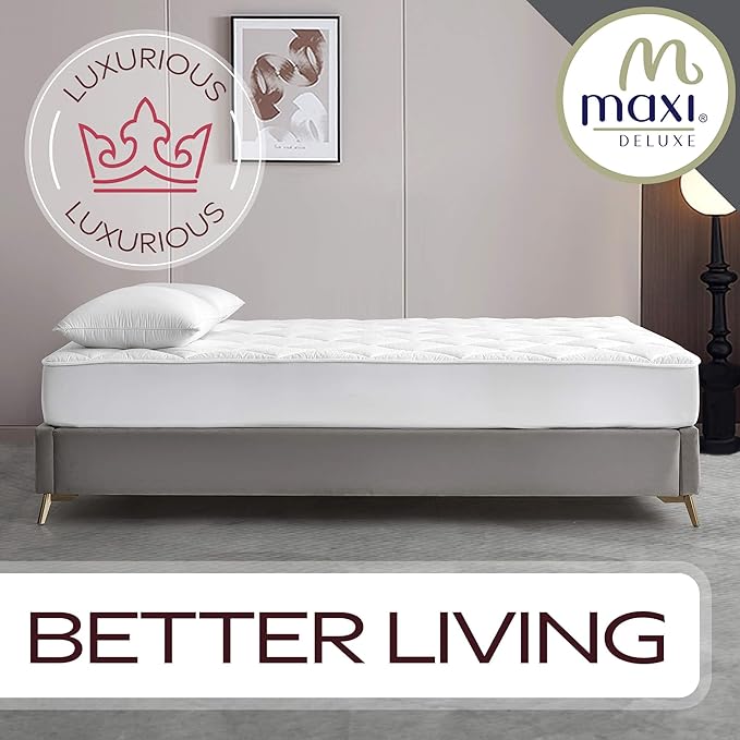 Maxi Full Size Mattress Pad - Luxurious Cotton Sateen Mattress Protector - Soft, Comfortable, and Breatheable Mattress Cover - Mattress Pad Protects Mattress from Dust, Dirt, Spills, and Stains.