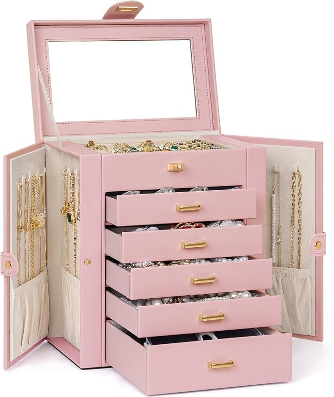 AKOZLIN 6-Tier Jewelry Box Organizer Functional 5 Drawers Leather Jewelry Storage Case for Women Girls Ring Necklace Earring Bracelet Holder Organizer with Mirror Pink - Image 8