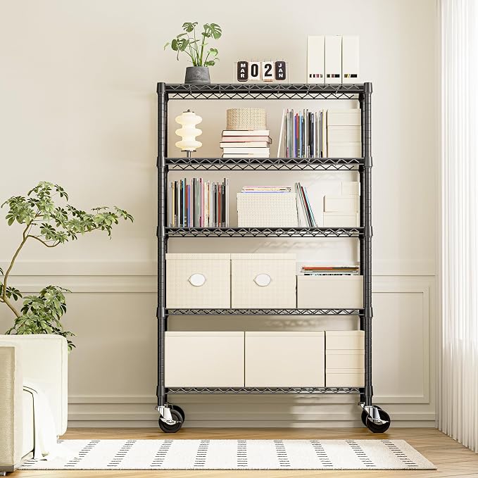IZEUK 5-Tier Adjustable Heavy Duty Steel Wire Shelving Unit with Wheels, Storage Rack Organizer for Garage, Kitchen, Office, Laundry, Basement (Black, 17.7" D x 47.2" W x 76.7" H, 1750 lbs Capacity) - Image 7