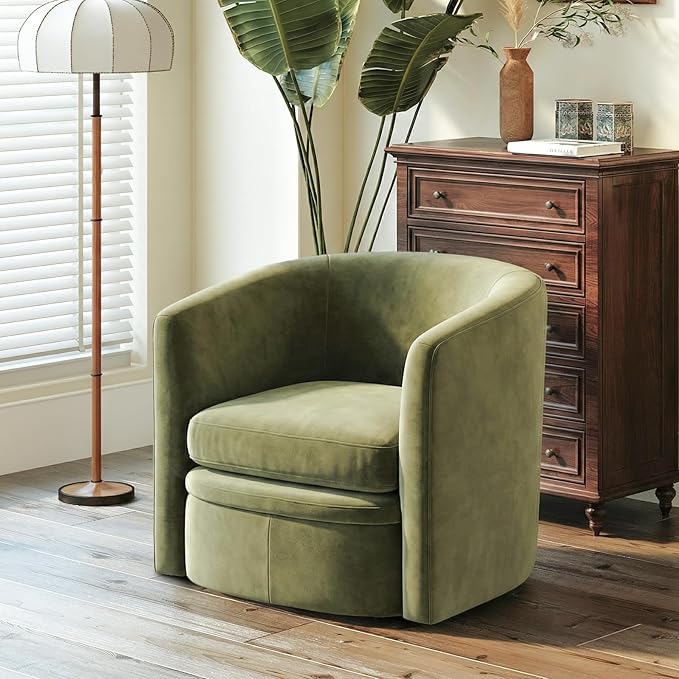 COLAMY Morden Velvet Living Room Side Chair with Storage Ottoman Set of 2, Single Sofa Armchair with Lounge Seat, Upholstered Barrel Accent Chair for Bedroom/Office/Reading Spaces, Green