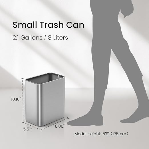 Cesun Small Bathroom Trash Can 2.1 Gallon Wastebasket, Modern Metal Garbage Can Office Waste Basket, Silver Stainless Steel Trash Bin for Bedroom, Home Office, Toilet, rv, Near Desk, Under Sink. - Image 8