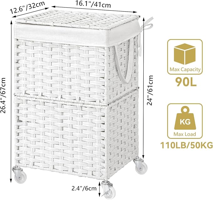 Chrislley 90L Slim Laundry Hamper with Wheels, Rolling Laundry Basket with Lid and Renovable Liner Bag, Handwoven Rattan Organizer for bedroom, bathroom, laundry room (White) - Image 6