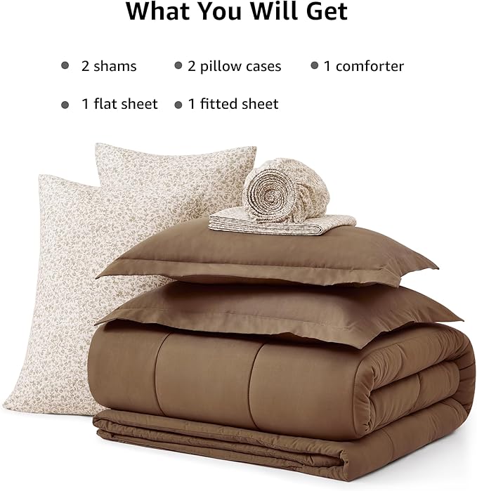 Monbix Queen Comforter Set - 7 Pieces Brown Bed in a Bag Queen Track Stitching Bedding Sets, All Seasons Comforter Bed Set with Sheets,Pillowcases & Shams