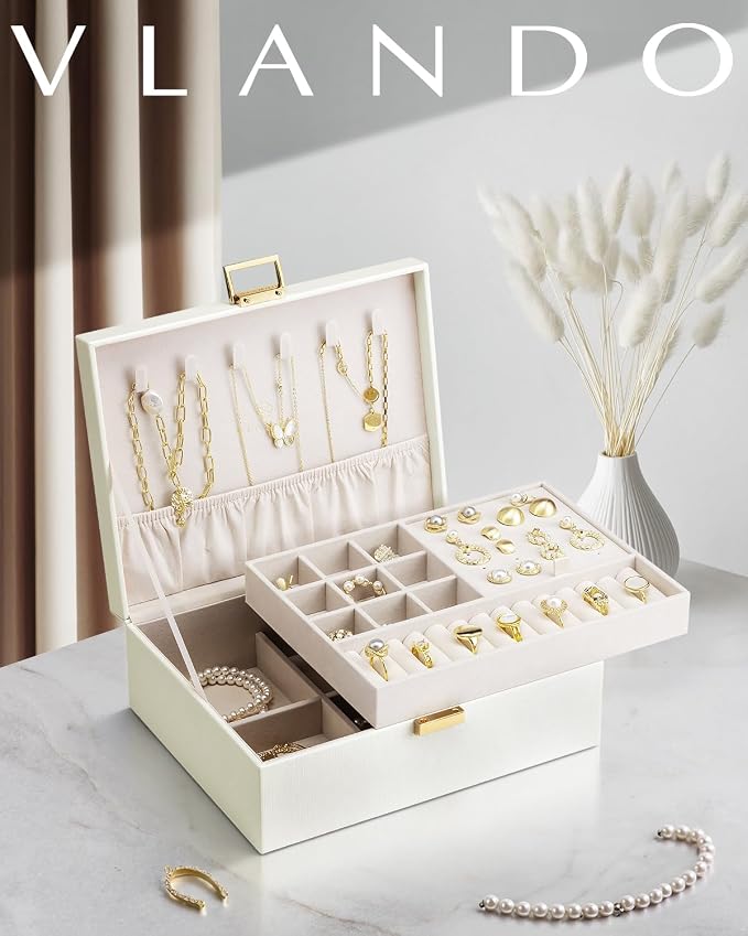 VLANDO Jewelry Box for Women, Gift for Women Girls,2 Layer Jewelry Box,Large Jewelry Organizer for Women Removable Jewelery Tray for Necklace Earrings Rings(Cream White) - Image 7