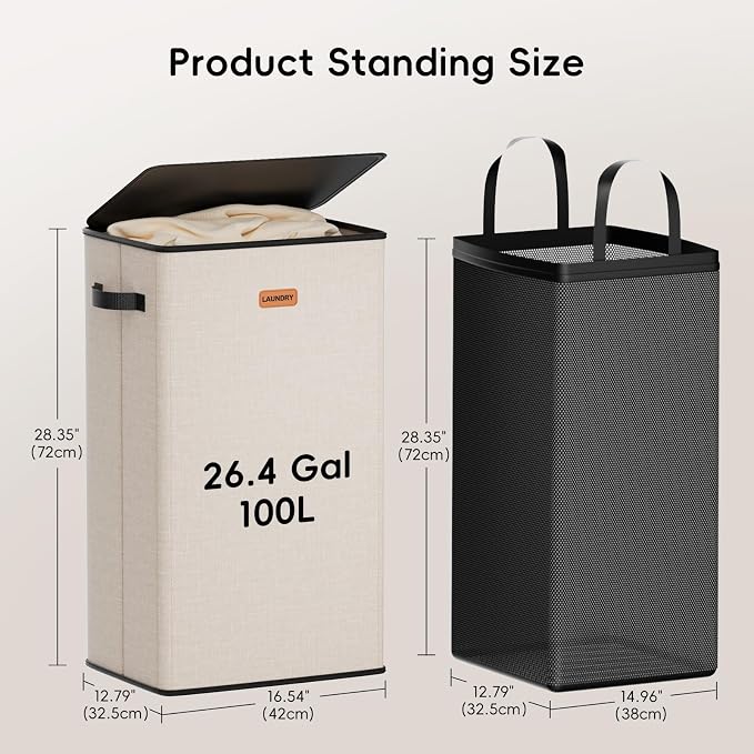 100L Laundry Hamper with Lid, Large Clothes Hampers with Removable Bag, Collapsible Laundry Basket for Bathroom, Bedroom, Laundry Room, Dorm, Beige - Image 6