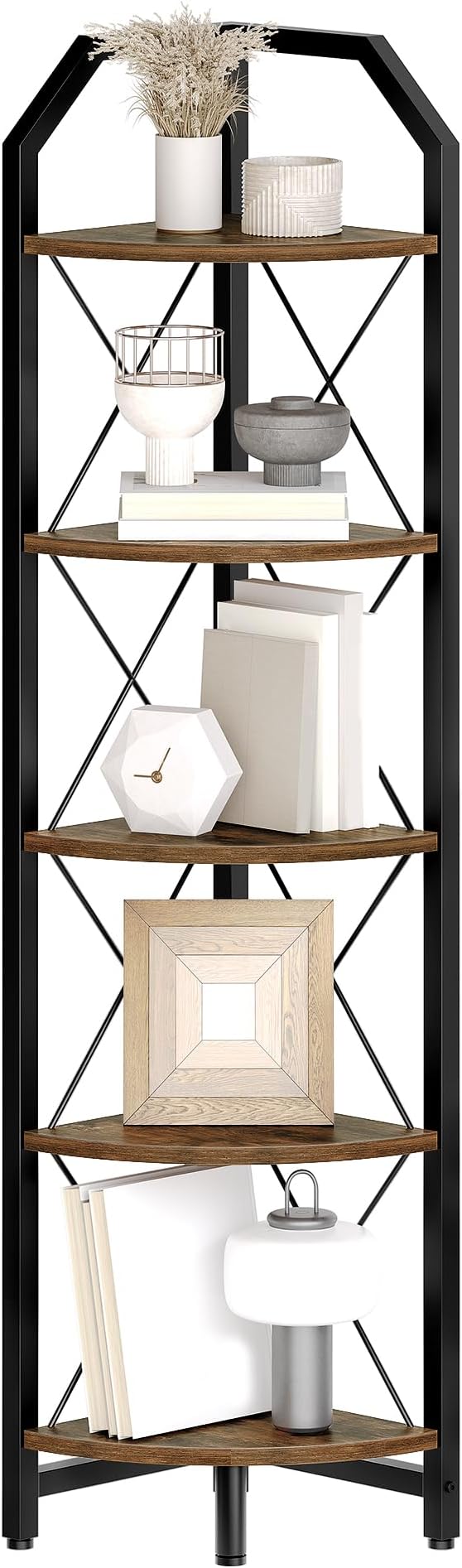 CHOEZON 59.4" Corner Shelf, 5-Tier Industrial Corner Bookshelf, Corner Storage Stand, Plant Stand Display Shelf, Bookcase for Bedroom, Living Room, Home Office, Rustic Brown and Black TCJ10BF - Image 8