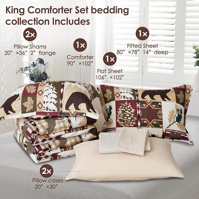 Comforter Set King Size Plaid Patchwork Comforter Bedding-7 Piece Bed in a Bag,Soft Reversible Bear Moose Microfiber Bedding Set(1 Comforter,1 Flat Sheet,1 Fitted Sheet,2 Pillowcases,2 Pillow Shams)