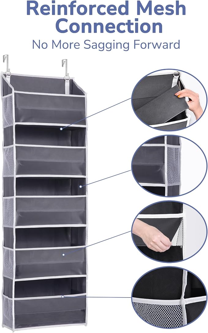 ULG 1 Pack Over Door Organizer with 5 Large and 10 Mesh Side Pockets, 44 lbs Weight Capacity Hanging Storage with Clear Window Kids Toys, Shoes, Diapers, Dark Grey, 5 Layers - Image 7