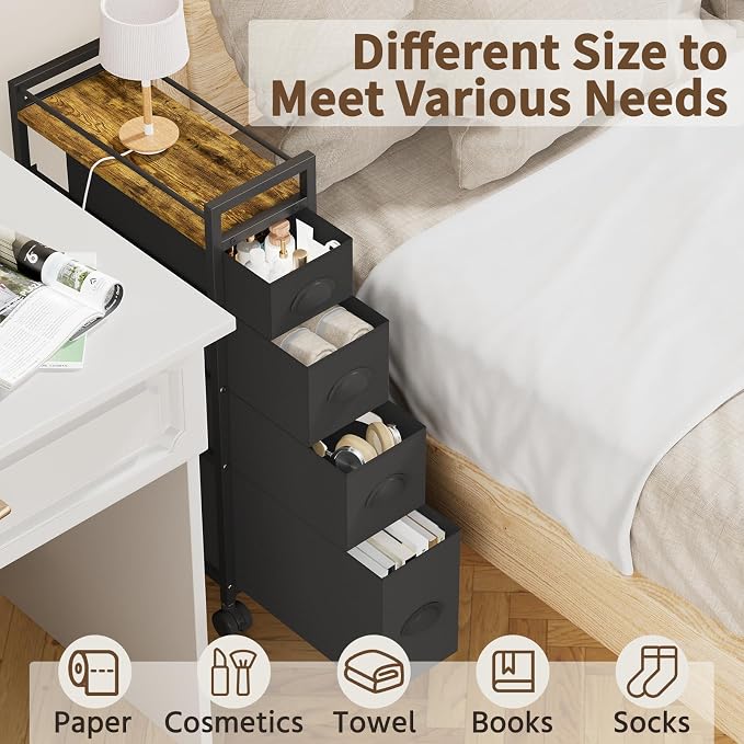 LASZOLA 4 Drawer Narrow Dresser Slim Cabinet Skinny Storage Tower Chest, Ideal for Small Spaces Bathroom Bedroom, Between Washer and Dryer, Lightweight Mobile on Wheels, Sturdy Fabric Drawers, Black - Image 9