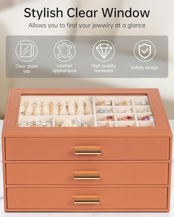 AKOZLIN Jewelry Box with Clear Lid Functional Leather Jewelry Storage Organizer Case 3 Drawers for Women Girls Necklace Ring Bracelet Earring - Image 8