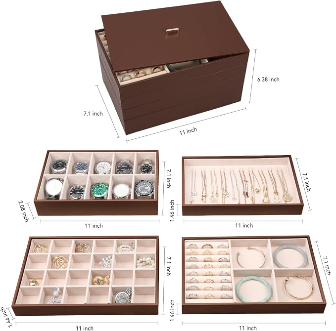 Voova Stackable Jewelry Organizer Tray with Lid, PU Leather Jewelry Storage Holder for Drawer Inserts, Jewellery Display Box Case for Earring Necklace Ring Watch Bracelet (Set of 4, Caramel Brown) - Image 6