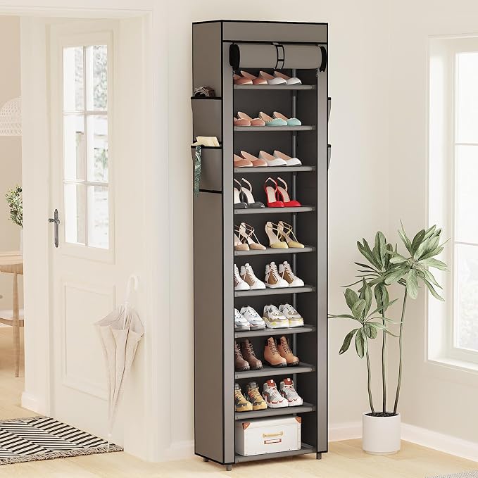 Mavivegue Shoe Rack with Cover, 10 Tier Tall Shoe Organizer for 18-22 Pairs of Shoes, Shoe Storage Organizer for Entryway, Closet, Garage, Grey, S - Image 8