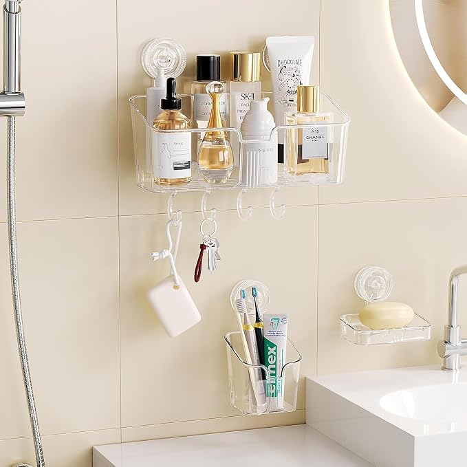 LUXEAR Suction Cup Shower Caddy Clear - Shower Caddy+Soap Dish+Toothbrush Holder - 1 Second Installation NO-Drilling Removable Powerful Waterproof Shower Organizer for inside Shower Bathroom - Image 8