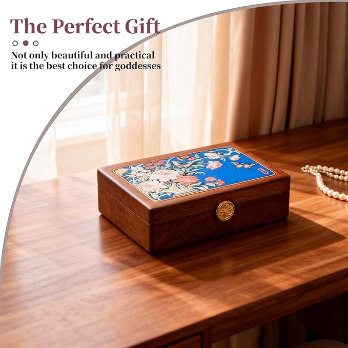 Travel Jewelry Case Small Wood Jewelry Organizer Jewelry Box for Women (Nut-Brown Print D) - Image 7
