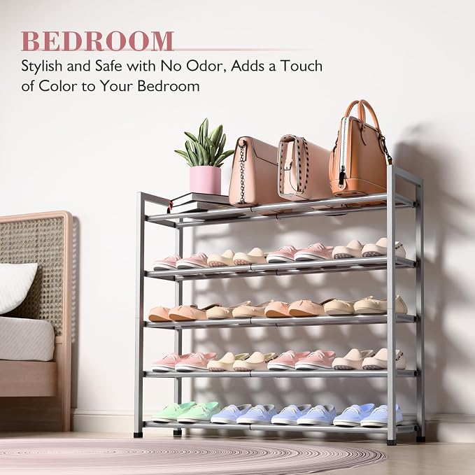 Bumusty 5-Tier Expandable Shoe Rack for Closet, 18“-33” Adjustable Shoe Rack for Small Space, Small Shoe Organizer for Front Door, Sturdy Metal, Light Grey - Image 6