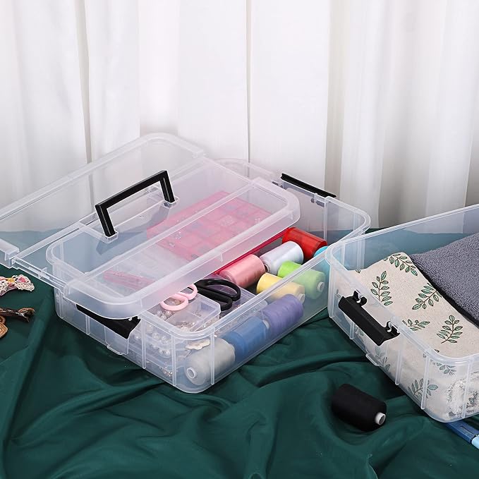 JUXYES 2-Tiers Stack Carry Storage Box With Handle, Transparent Stackable Storage Bin With Handle Lid Latching Storage Container for School & Office Supplies - Image 9