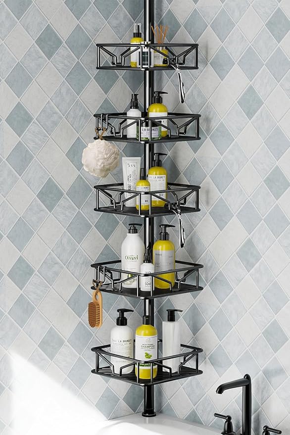 Skycarper 5 Tier Adjustable Corner Shower Caddy Organizer with Hooks,Rustproof Tension Pole 62-116 Inch, Black - Image 9