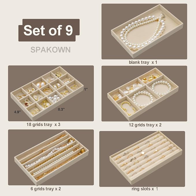 SPAKOWN Jewelry Drawer Organizer Inserts Set of 9, Jewelry Trays for Drawers Velvet Jewelry Organizer Tray Drawer Jewelry Organizers and Storage for Earring Ring Necklace Watch Bracelet (Beige) - Image 6