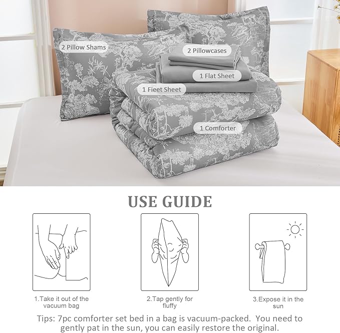DJY Grey Comforter Set King, 7 Pieces Grey Botanical Comforters King Size Elegant Plants Print with Sheets Bed in a Bag Soft Microfiber Reversible Complete Bedding Sets for All Season