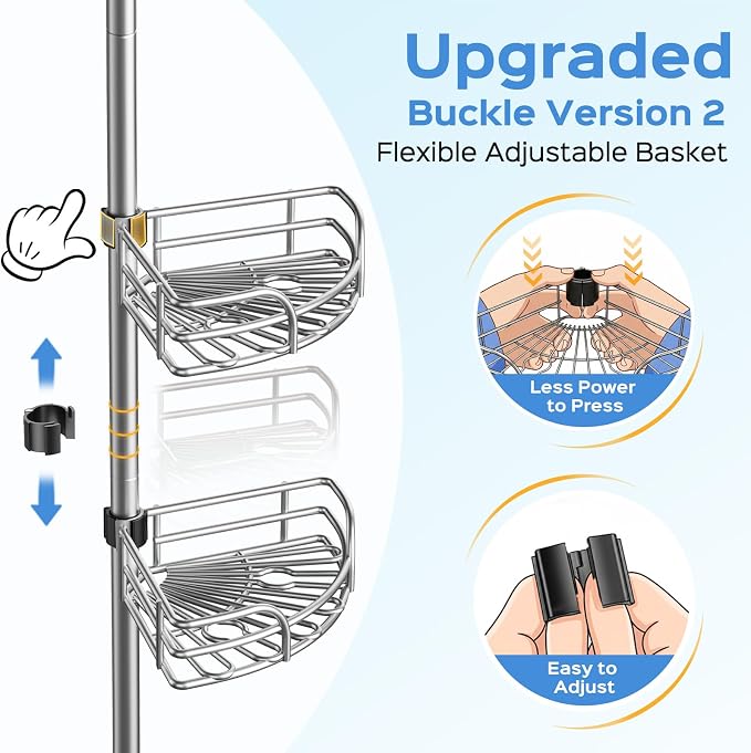 HAMITOR Shower Caddy Corner Tension Pole: 4-Tier Large Capacity Bathroom Organizer Shelves - Waterproof No-Drill Adjustable 47-123 inch Storage for Renters, Home Bathtub Stand Rack, Silver Gray - Image 6