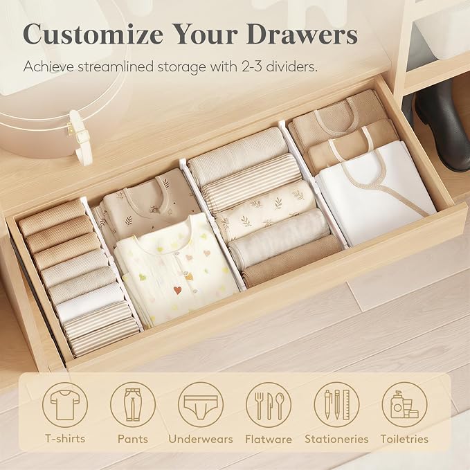 Lifewit Drawer Dividers for Clothes, 3.2" Tall 10.5"-16.5" Expandable Dresser Drawer Organizers, Adjustable White Plastic Separators for Kitchen, Cabinet, Nursery, Socks & Underwear Storage, 4 Pack - Image 9