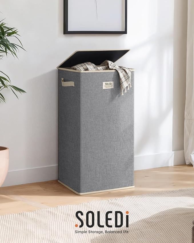 SOLEDI Laundry Hamper with Lid 100L Large & Tall Collapsible Laundry Basket, Clothes Hamper with Bag Removable Easy to Carry, Dirty Hampers for Bedroom, Bathroom, Dorm, College, Light Grey - Image 8