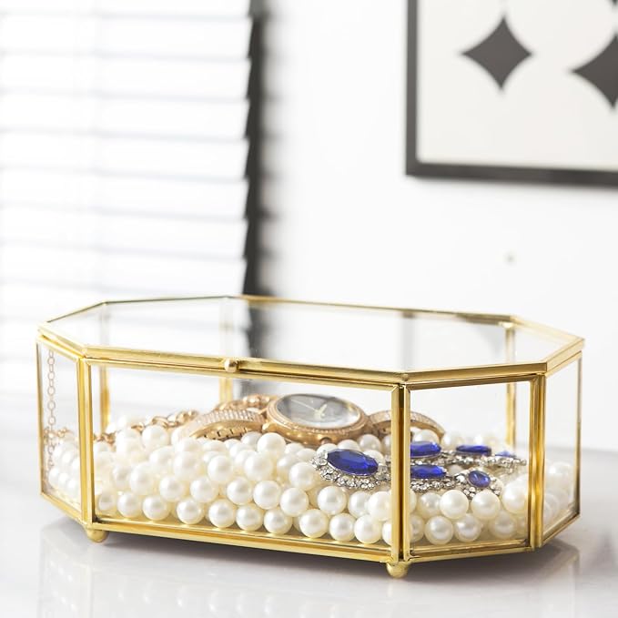 Glass Keepsake Organizer - Vintage Octagon Lidded Gold Home Decor Accent Box for Storage Rings, Bracelets - Image 7