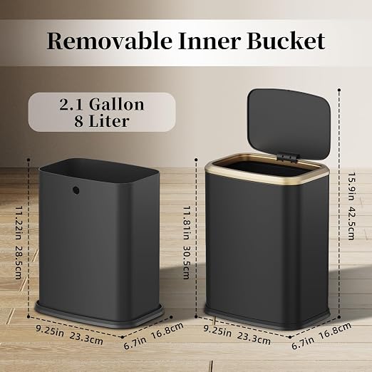 2.1 Gallon Bathroom Trash Can with Lid Press Top, 8 Liter Stainless Steel Garbage Can with Press Type Lid, Slim Trash Bin Waste Basket for Toilet, Office, Bedroom, Living Room (Black) - Image 7