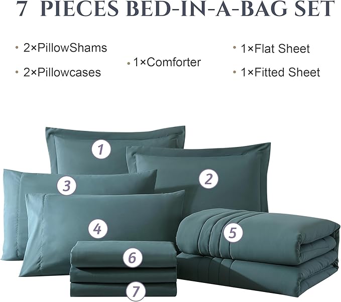 Monbix Super King Plus Size Comforter Set - 7 Pieces Blue Green Bed in a Bag Super King Plus Bedding Sets with Comforters, All Seasons Comforter Bed Set with Sheets,Pillowcases & Shams