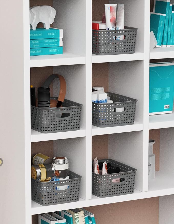 WYT 12-Pack Plastic Small Shelf Storage Weave Baskets for Organizing, Grey - Image 7