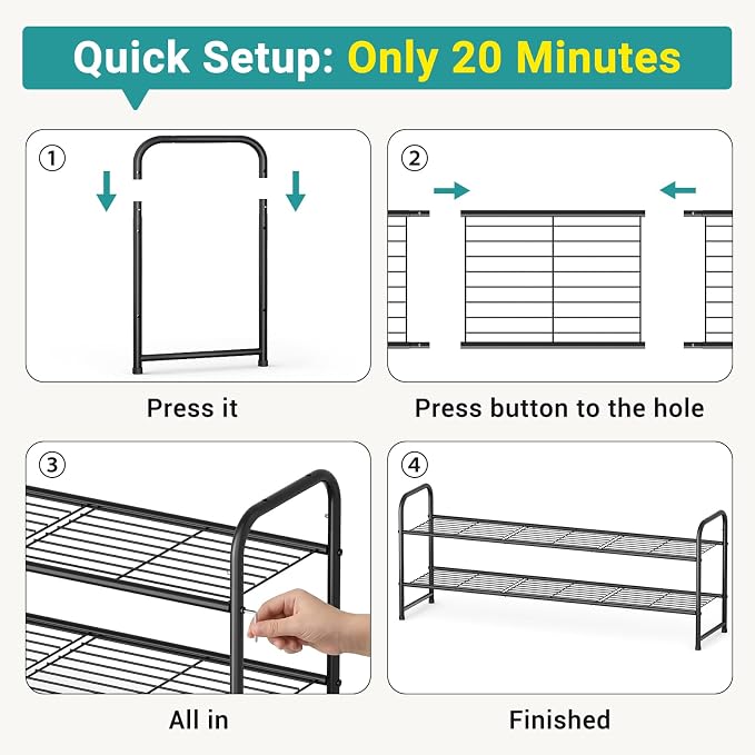 AOODA Long 2 Tier Shoe Rack for Closet Metal Wide Stackable Shoe Storage Organizer for Entryway, Bedroom, Floor, 18-Pairs Low Shoe Shelf, Black - Image 6