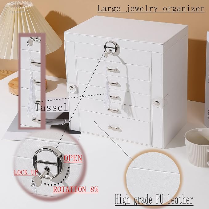 BOOVO Jewelry Box For women, 6 Layer Large Jewelry Organizer With Mirror, Multi-Function Storage Box With Lock, Accessory Holder With 5 Drawers, For Earrings Necklace Ring Bracelet (White) - Image 7