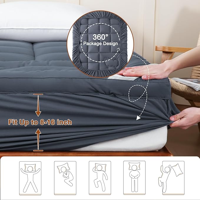 YOUR MOON 100% Organic Wool Mattress Topper Queen Size, 800GSM Natural Wool Filling, Thick Pillow Top Mattress Pad, Back Pain Relief Bed Topper with Cotton Cover, 16" Deep Pocket, 39"x80" (Gray)