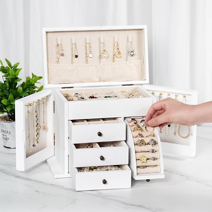 Poyilooo Jewelry Box Organizer, Solid Wood Jewelry Boxes for Women for Storage & Display Necklace Ring Earring Bracelet, Rustic Style Jewelry Organizer Box for Women Gifts (Weathered White) - Image 7