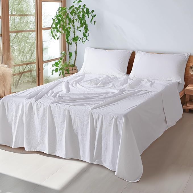 SONORO KATE 100% French Pure Linen Sheets, Breathable and Durable Linen King Size Sheets, Anti-Tear Linen Bed Sheets, Machine Washable, 16 Inch Deep Pocket - 4 Piece (White, King)