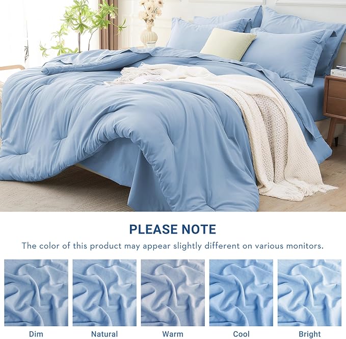 MUXHOMO 5 Pieces Twin Comforter Set, Soft Bed in a Bag Twin Size, All Season Bedding Set with Comforter, Flat Sheet, Fitted Sheet, Pillowcases & Shams, Greyish Blue
