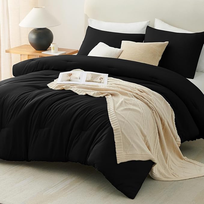 CozyLux Twin Comforter Black, 2 Pieces Twin Extra Long Comforter Set with Corner Tabs, Twin XL Breathable Bedding Sets for College Dorm, Luxury Bed Set with Down Alternative Comforter and 1 Pillowcase