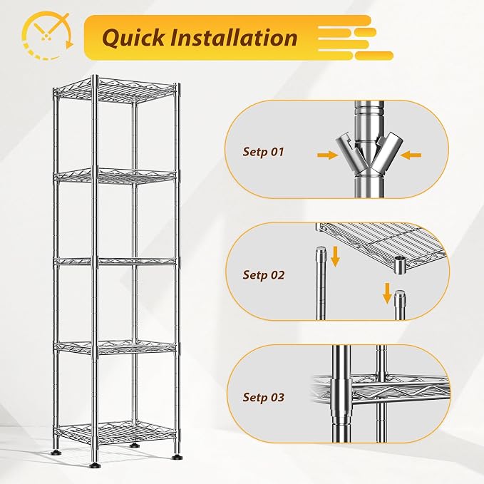 DurayLoly Set of 2 Metal Shelving-5 Tier Storage Shelves:AdjustableShelving and Units Standing Shelving Storage Rack Narrow Shelf for Kitchen Pantry Closet Office 12''Wx12''Dx49''H Chrome - Image 9