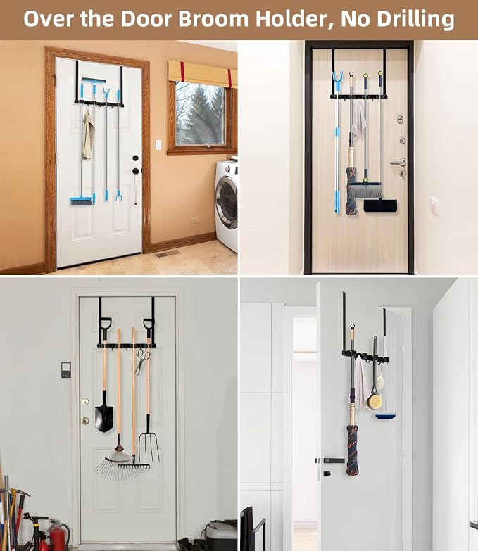 Broom Holder Over The Door - 304 Stainless Steel Mop and Broom Holder Wall Mounted or Hanging Over The Door with Hooks - Broom Hanger, Broom Storage Tool Organizer for Garage Closet Laundry - Image 8