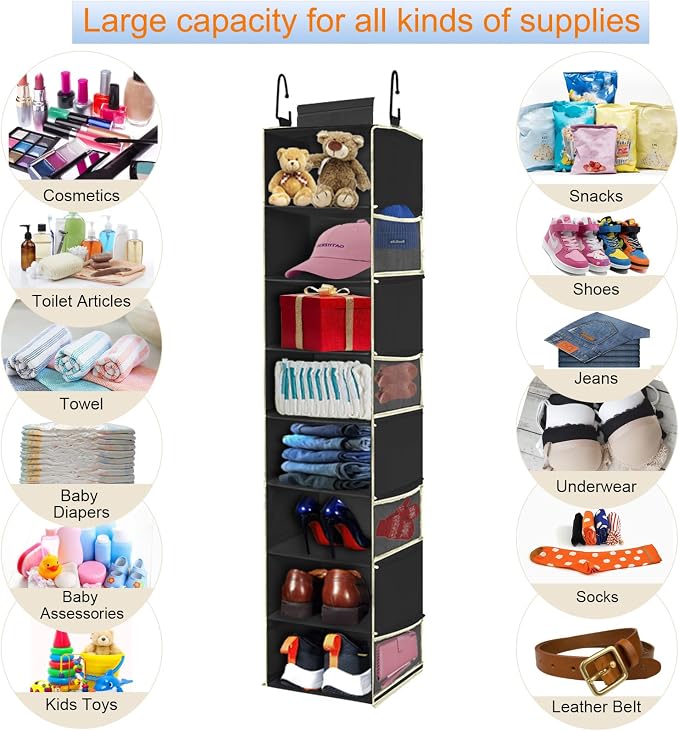 2 Pack Large-Sized Hanging Shoe Organizer 8-Shelf, Hanging Closet Organizer with 8 Side Pockets, Wider Hanging Shelves for Storage Shoes Clothes 9" W × 11.8" D× 48" H, Black. - Image 6