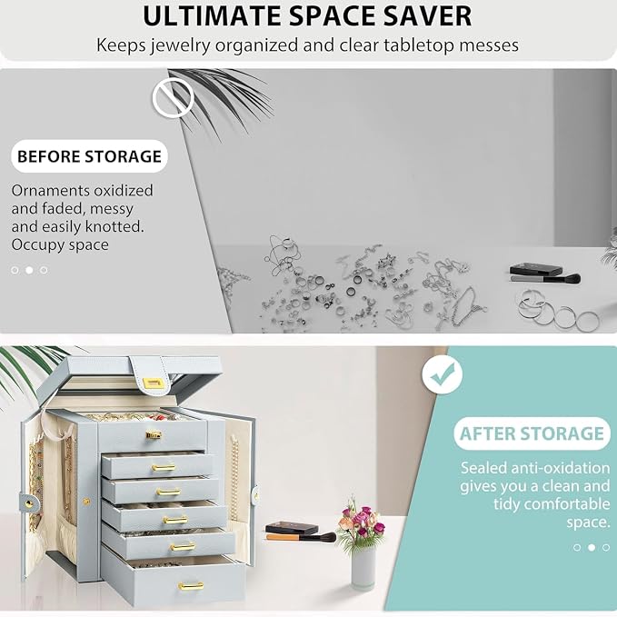 AKOZLIN Functional 6-Tier Jewelry Box Organizer with 5 Drawers Leather Jewelry Storage Case for Women Girls Ring Necklace Earring Bracelet Holder Organizer with Mirror Grey - Image 7