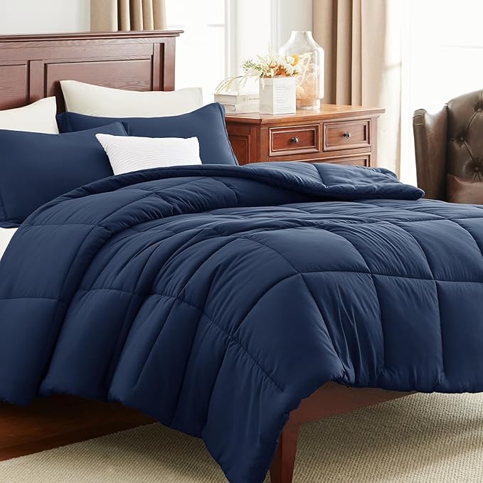 CozyLux Full Size Comforter Sets - Navy Blue Comforter Full Size, 3 Pieces Box Stitched Bed Set for All Seasons, Soft Lightweight Bedding Sets with 1 Down Alternative Comforter and 2 Pillow Shams