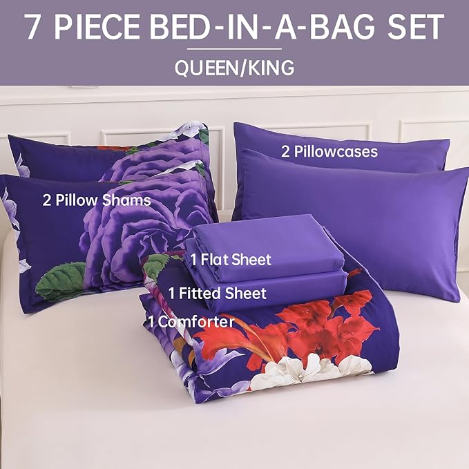 Drucon Dark Purple Floral Comforter King Size 7 Pieces Bedding Sets Bed in a Bag, Botanical Floral Comforter with Sheet Set, Soft Microfiber Bedding Set for All Season(Dark Purple, 104"x90")