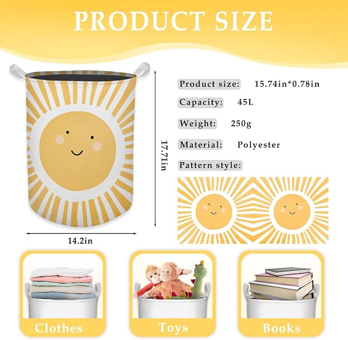 Cute Sunshine Laundry Basket, Boho Sunshine Nursery Waterproof Collapsible Laundry Hamper Dirty Clothes Storage Toy Bin Organizer for Toddler Baby Kids Room Bedroom Bathroom College Dorm - Image 7