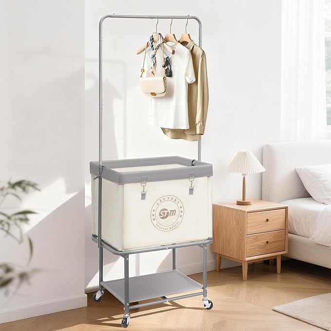 STORAGE MANIAC Rolling Laundry Cart with Hanging Bar & Storage Shelf, 110L Heavy Duty Large Laundry Basket with Clothes Hanging Rod, Study Clothes Hamper with Lockable Wheels, Beige - Image 8