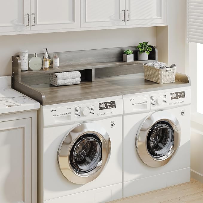 2-Tier Washer Dryer Countertop with 2.75" H Edge Rails, 58" W x 28" D Laundry Countertop for Folding Clothes, Washer and Dryer Topper with Non-Slip Pad (Stripe Gray) - Image 7